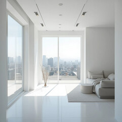 Fototapeta premium Bright Minimalist Living Room with City View