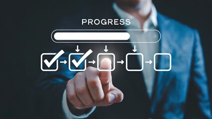 Business person touching virtual progress bar showing workflow steps