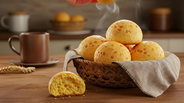 Baked cheese bread for breakfast with a cup of coffee in the kitchen