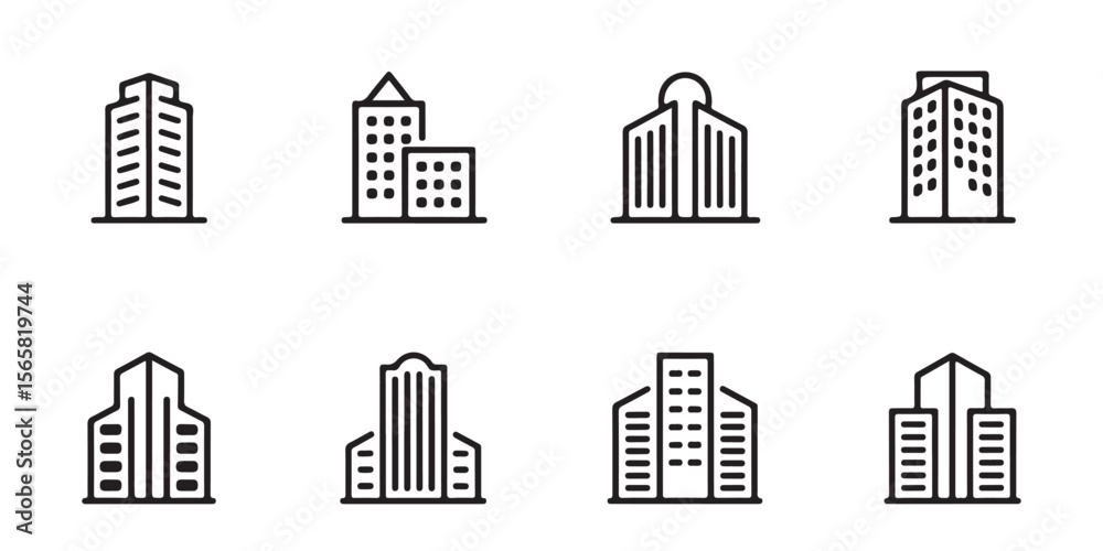 Poster collection of eight different building icons in a line art style on a white background in a grid lay