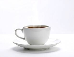 Steaming coffee cup on a white ceramic saucer showcases warmth and comfort