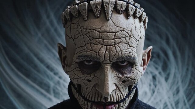 Homme avec masque tribal fendu et sourire effrayant