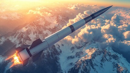 Obraz premium Missile launches over snowy mountains at sunrise