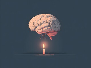 Meltdown: Brain melting over a burning candle, representing mental exhaustion, stress, or burnout.