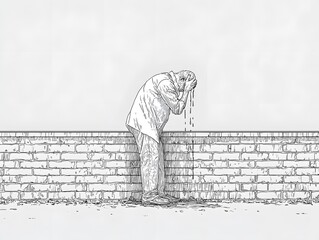 Isolation and Despair: A solitary figure, cloaked in a shroud of dejection, leans heavily against a stark brick wall. A poignant illustration capturing the depths of human sorrow.