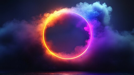 Naklejka premium Colorful Neon Circle with Smoke Background Futuristic Light Effect for Poster Banner Digital Art Template