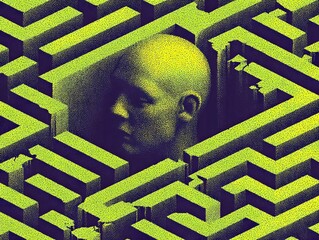 Navigating the Labyrinth: A surreal depiction of a human head at the center of a maze, symbolizing the complexities of the mind and the search for answers.