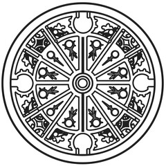  Monochrome vector of a decorative manhole cover with symmetrical motifs, designed for circular framing and 2-color artwork.
