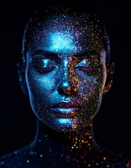 Woman with Glittering UV Makeup