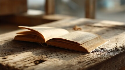 Open Antique Book on Rustic Wooden Table, Evoking Nostalgia and the Joy of Reading