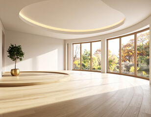 Obraz premium A bright, modern interior space with white walls, light wooden floors, and a curved raised platform. Panoramic windows offer views of autumnal trees, and a small potted plant adds a touch of nature. I