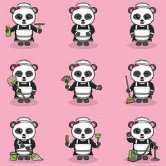 Nine pandas dressed as maids with cleaning supplies on a pink background