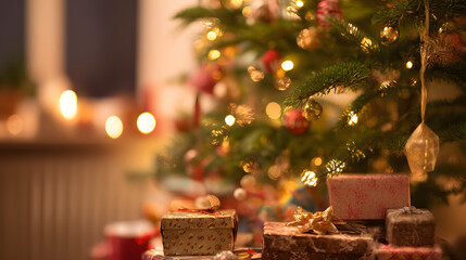 Festive Christmas tree with wrapped gifts under warm lights, evoking holiday joy and cozy traditions