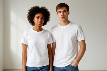 Attractive millennial couple wearing premium white cotton t-shirts in modern minimalist studio environment