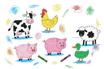 Adorable Farm Animals Crayon Drawing Cow, Pig, Chicken, Sheep, Duck