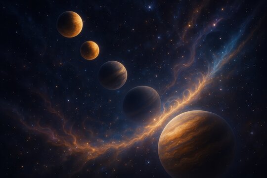 Celestial planetary alignment with cosmic harmony in three-dimensional space rendering