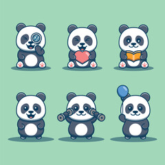 Cartoon pandas display various activities on a light green backdrop
