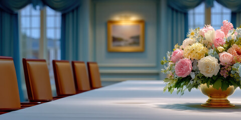 Elegant floral arrangement on long conference table with leather chairs and blue curtains in background