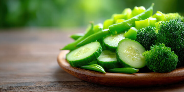 Fresh green vegetable platter with sliced cucumber, broccoli, and snap peas on wooden plate, healthy and vibrant food - Powered by Adobe