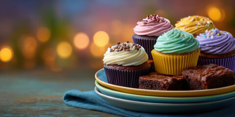 Colorful cupcakes with frosting and brownies stacked on plates with bokeh lights creating warm and inviting atmosphere