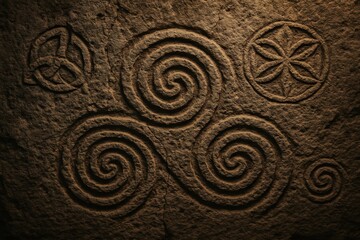 Ancient Celtic spiral symbols carved in weathered stone representing sacred geometry and spiritual connection to nature