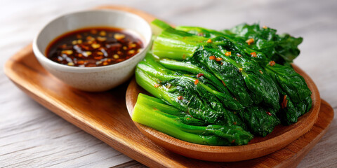 Steamed green leafy vegetable served on wooden plate with spicy soy dipping sauce, fresh and healthy Asian side dish