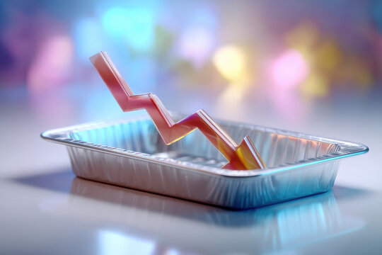 Metallic tray with downward arrow symbolizing decline or loss in business or finance concept