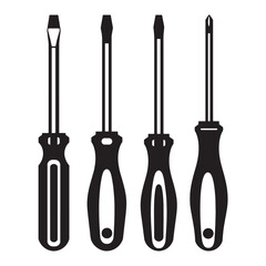 A minimalist black and white vector illustration of a set of screwdrivers ornament for design