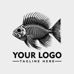 Monochromatic illustration of a fish skeleton, a logo design template.