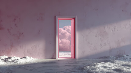 branding visual for minimalist interiors | ice-flushed pink | architectural framing | room trapped in yesterday | air disturbance near closed door | emulsion-shadow layering | invisible resonance