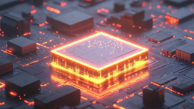 Abstract AI chip embedded in a neon-lit circuit board symbolizing advanced data processing and artificial intelligence capabilities for next-gen computing AI 