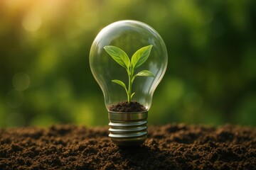 Innovative eco-friendly light bulb containing miniature plant symbolizing sustainable green energy concepts