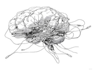 Wired Brain: A detailed illustration depicting a human brain intricately interwoven with numerous cables, symbolizing the complexities of neural networks and technological connections. 
