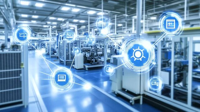Advanced industrial plant, digital nodes, smart manufacturing systems, industrial automation, factory interior, connected systems
