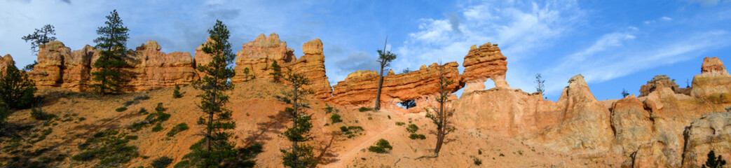 Scenic ridgeline at twilight with beautiful orange rock formations and ponderosa pine trees, Mossy Cave Trail, Bryce Canyon National Park, Utah
