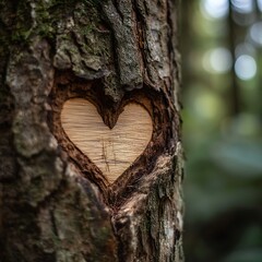 Heart Carved in Tree Bark, Symbol of Love and Nature in Forest, Outdoors, Detail