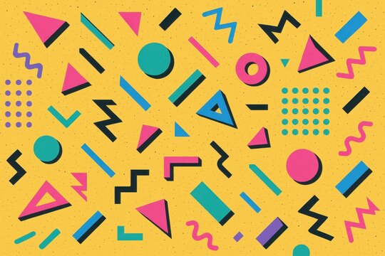 Nostalgic 1980s synthwave pattern with retro geometric shapes and vibrant neon color scheme
