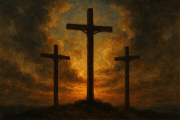 Sacred oil painting depicting three crosses on Calvary hill representing crucifixion in traditional religious art style
