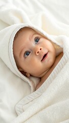 Adorable infant wrapped in a soft hooded towel looks up with bright blue eyes, capturing innocence and the joy of early childhood.