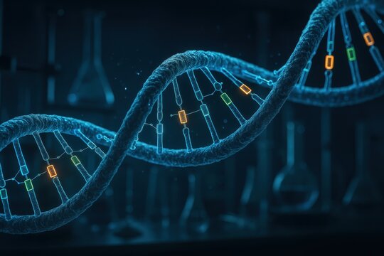 Sophisticated double helix DNA structure with luminescent genetic coding against dark scientific backdrop
