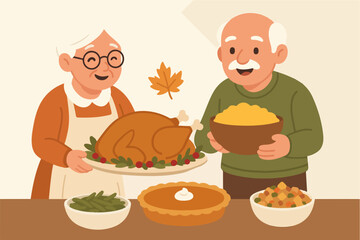 Elderly couple preparing Thanksgiving dinner with autumn leaves