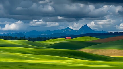 Obraz premium Lush green hills under dramatic sky evoking peace and expansive vistas rural charm