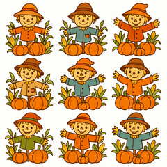 Harvest scarecrows with pumpkins and autumn leaves