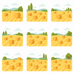Hay bales in field landscape with sky and hills