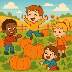 Kids playing among pumpkins in autumn field