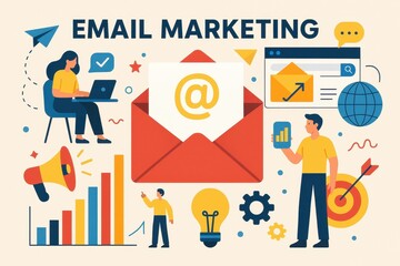Email marketing campaign visualization with colorful graphics showcasing digital communication strategies