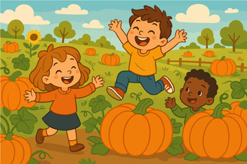 Kids playing among pumpkins in autumn harvest field