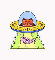 Cat piloting a yellow UFO beaming up a pink fish with a glowing green light cartoon illustration vector for quirky merchandise, pet-themed graphics