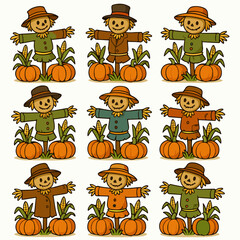 Scarecrows with pumpkins and corn autumn harvest