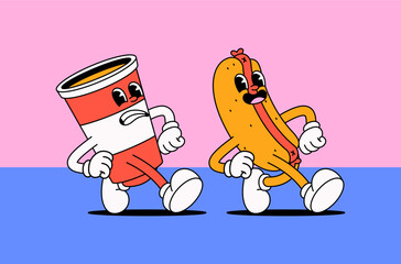 Cartoon character soda cup and hot dog walking with expressive faces and playful poses in hand drawn illustration for ood-related content, fast food branding